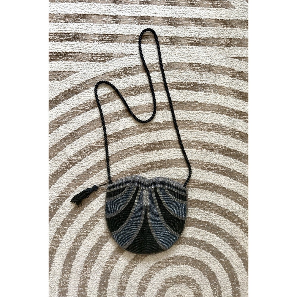 Vintage Beaded Evening Bag Art Deco Crossbody Black Silver Cocktail Purse
